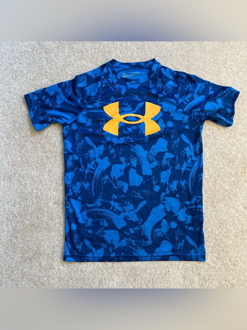 Under Armour Shirt Youth Boys Large Blue Logo Performance Athletic Abstract